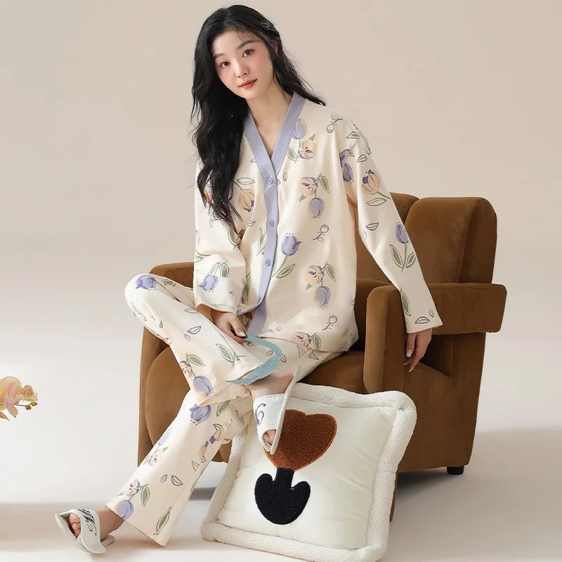 Y2k Women's 100% POLYESTER Pajamas with Cartoon Print Korean Fresh Ins Style Harajuku Lounges 2pcs 2024 New Spring/fall Homewear