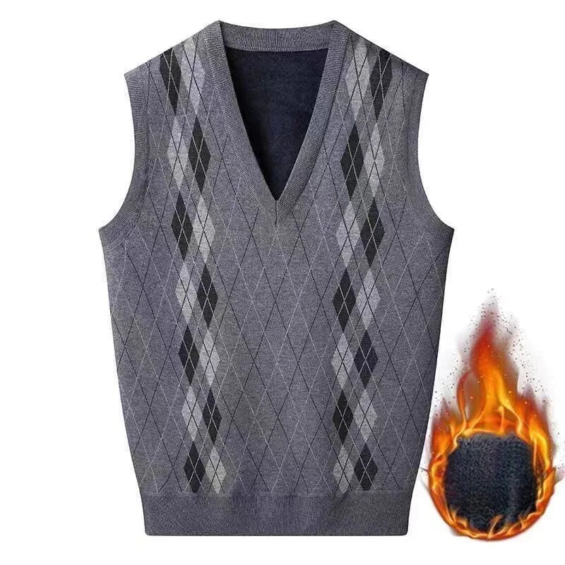 Fashion Vintage Winter Argyle Elastic Sweaters Vest Plus Fleece Thermal V-neck Sleeveless Loose Knitted Comfortable Pullover Top