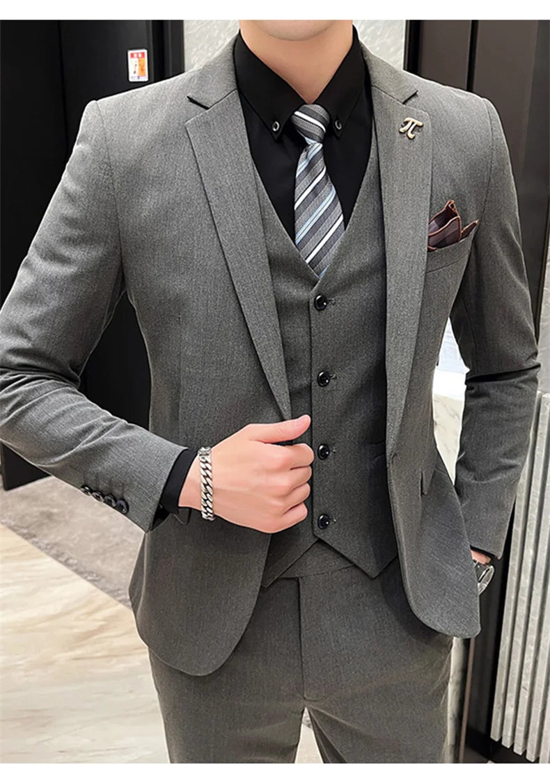 2025 Suit (blazer+vest+pants) Fashion Business Casual Hosts The Korean Version of The British Style Slim Gentleman Wedding