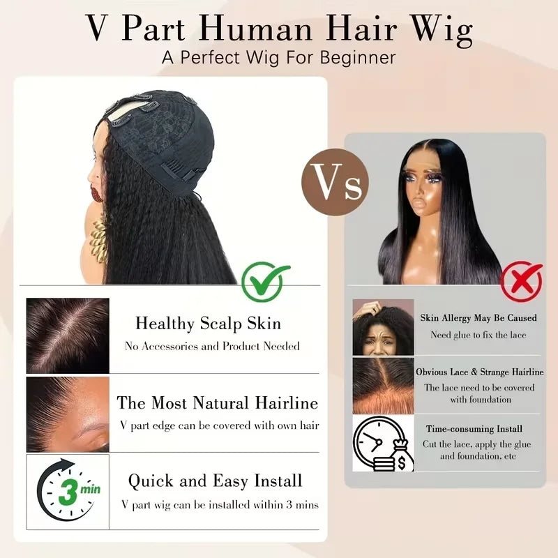 FRIZIRA kinky Straight V Part Brazilian Virgin Human Hair Wigs Glueless Upgrade U Part Wig Glueless V Shape Wig Natural Black