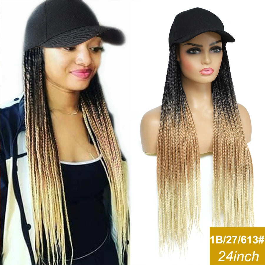 Synthetic Hat Wig Baseball Cap with Braiding Hair 24inch Long Braids Wigs Women Girls Daily Wear Ombre Blue Grey Brown Blonde