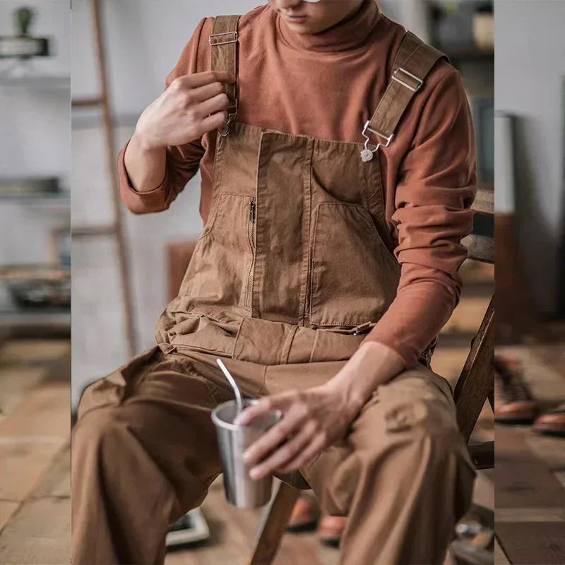 Retro American Cotton Overalls Loose Jumpsuit Men's Cargo Pants Men Suspenders Bibs Four Seasons Full Length Baggy Pants