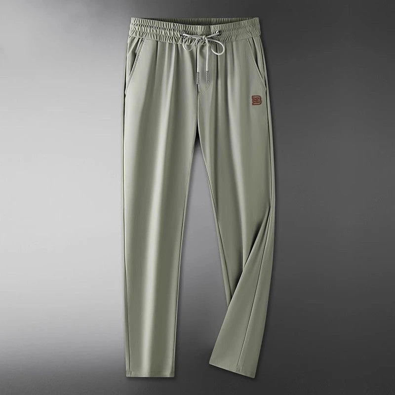 High end brand men's fashionable embroidered casual pants 2024 summer new cool silk breathable luxury solid color sports pants