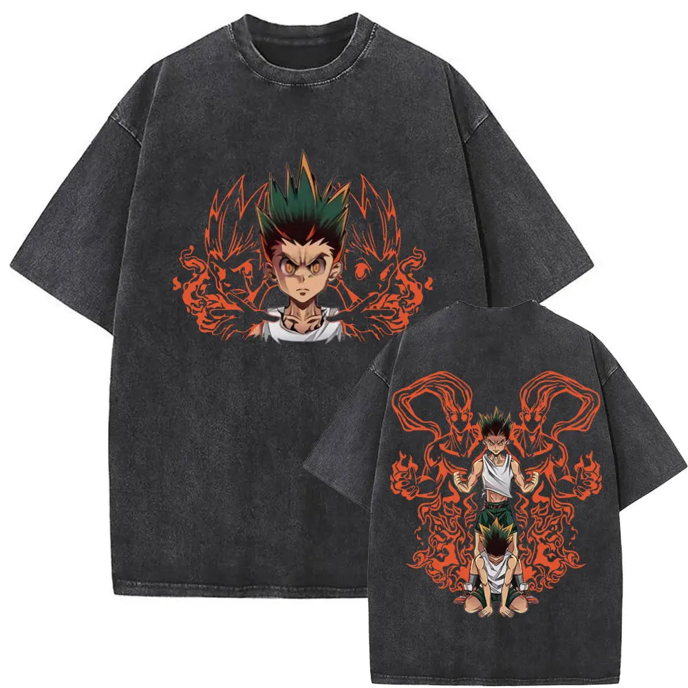 Washed Vintage Anime Hunter X Hunter T-shirt Killua Zoldyck Graphic T Shirt Men Women Clothing Casual Oversized Crewneck Tshirt