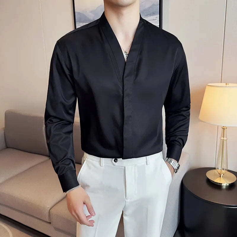 High Quality Collarless Shirts Men Fashion Slim Fit Long Sleeve Casual Shirts Business Office Social Formal Shirt Men Clothig