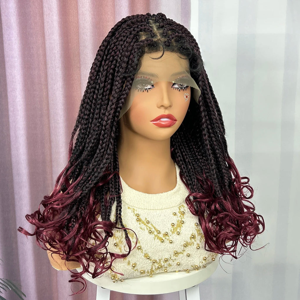 Ombre Synthetic Lace Front Square Knotless Box Braided Wig with Wavy Ends Lace Frontal Braids Wig with Baby Hair for Black Women
