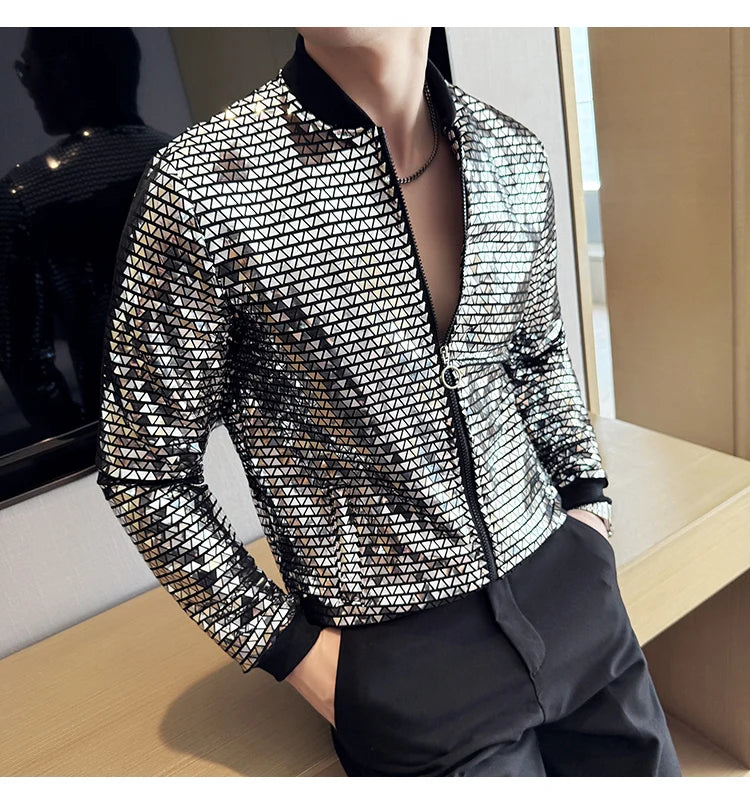 Men's Fashionable and Personalized Silver Sequin Jacket Summer New Ball Performance Suit Jacket Hip-hop Fashion Street Wear