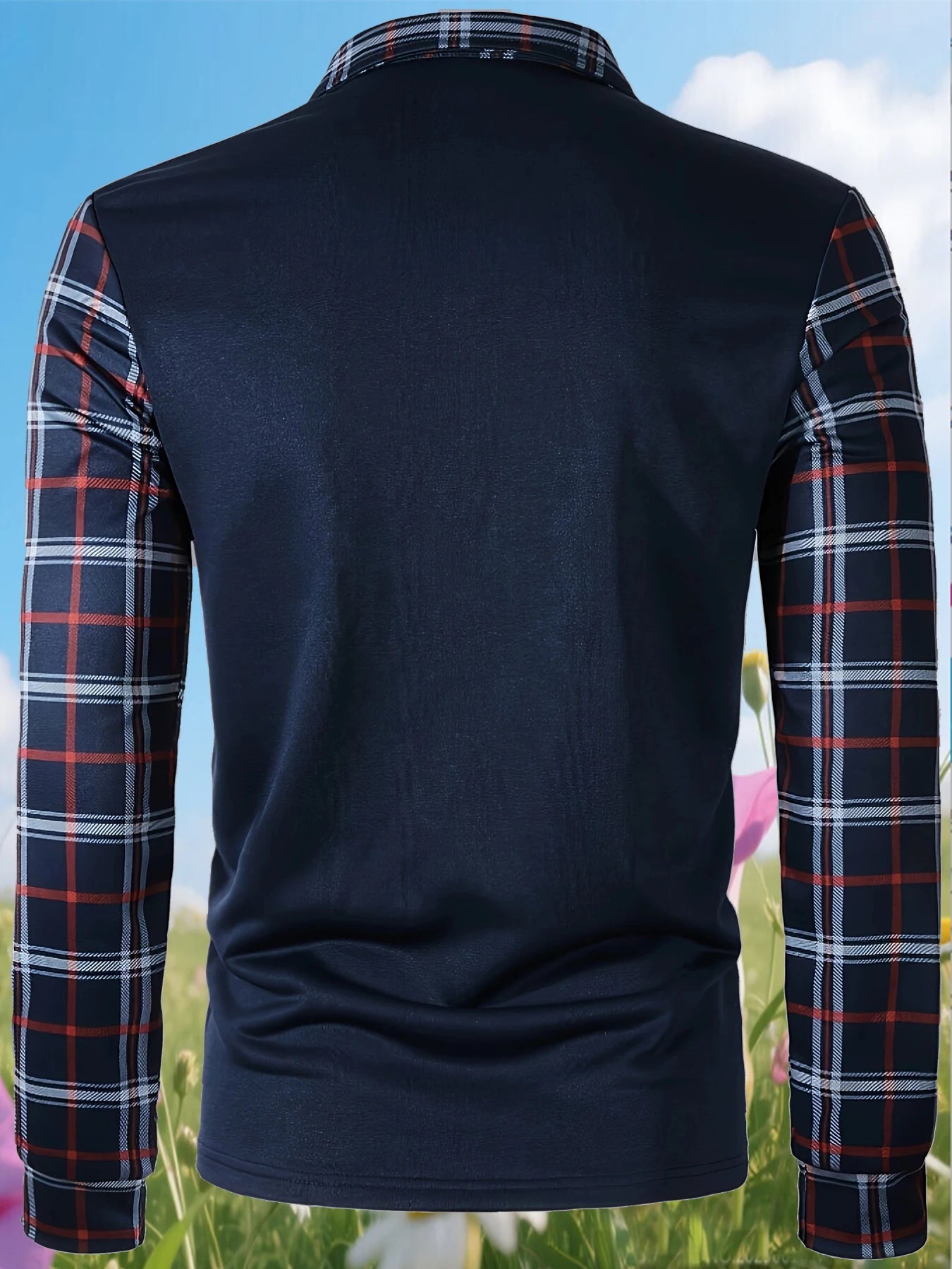 Men's casual color blocked shirt long sleeved polo shirt lapel pullove  checkered T-shirt simple retro men's clothing