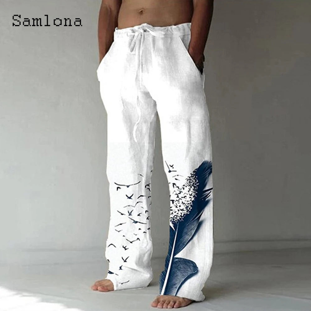 Samlona 2025 Men's Pocket Design Linen Pants Drawstring Loose Trouser Plus Size 3xl Mens Fashion Birds Feather Print Sweatpants