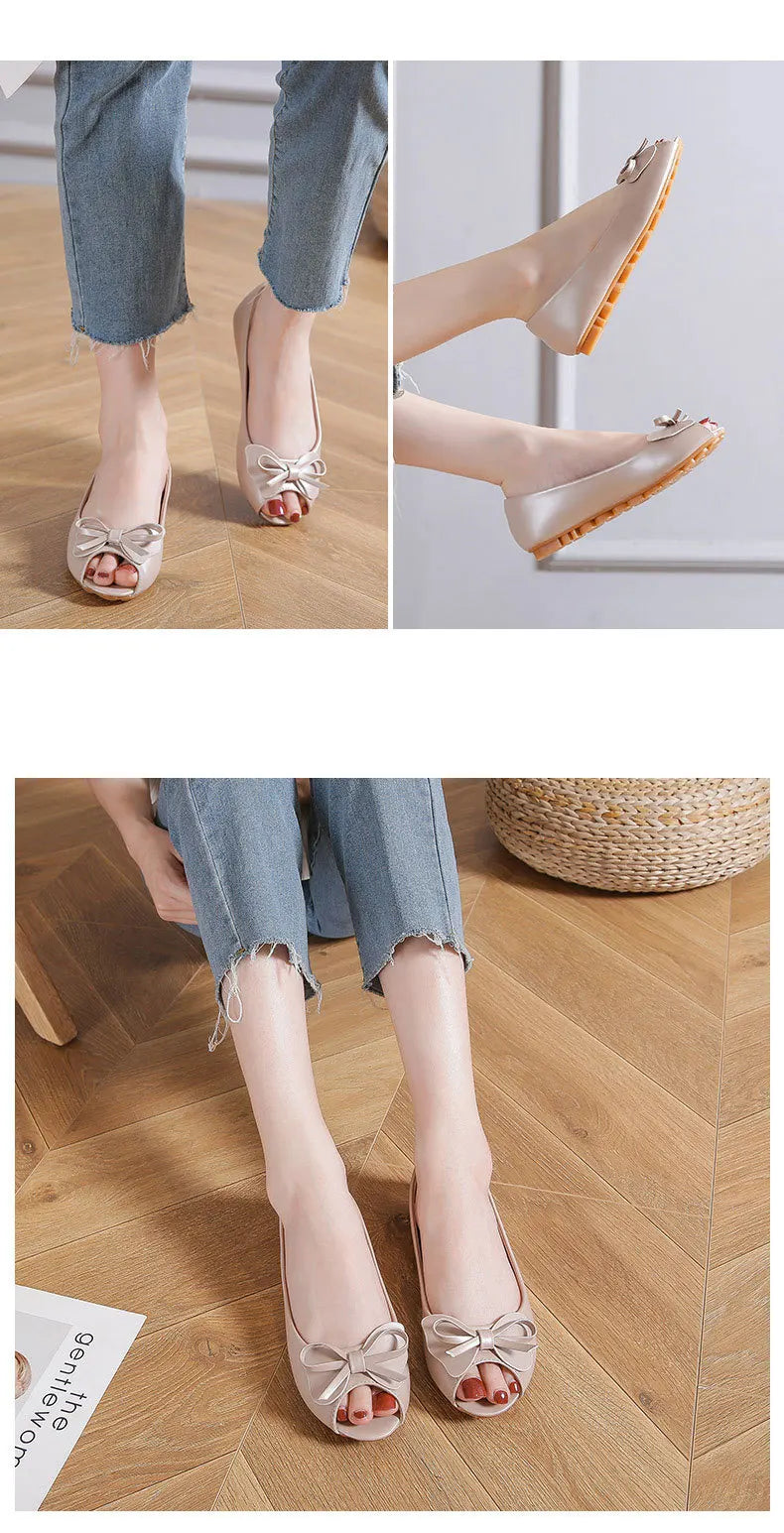 34-43 big size luxury peep toe bowtie flat shoes woman black/white leather ballet flats bow zapatos mujer primavera verano 2022