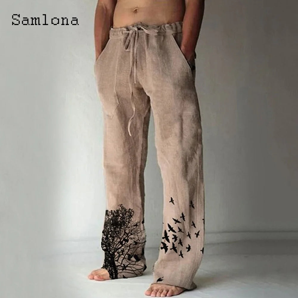 Samlona 2025 Men's Pocket Design Linen Pants Drawstring Loose Trouser Plus Size 3xl Mens Fashion Birds Feather Print Sweatpants