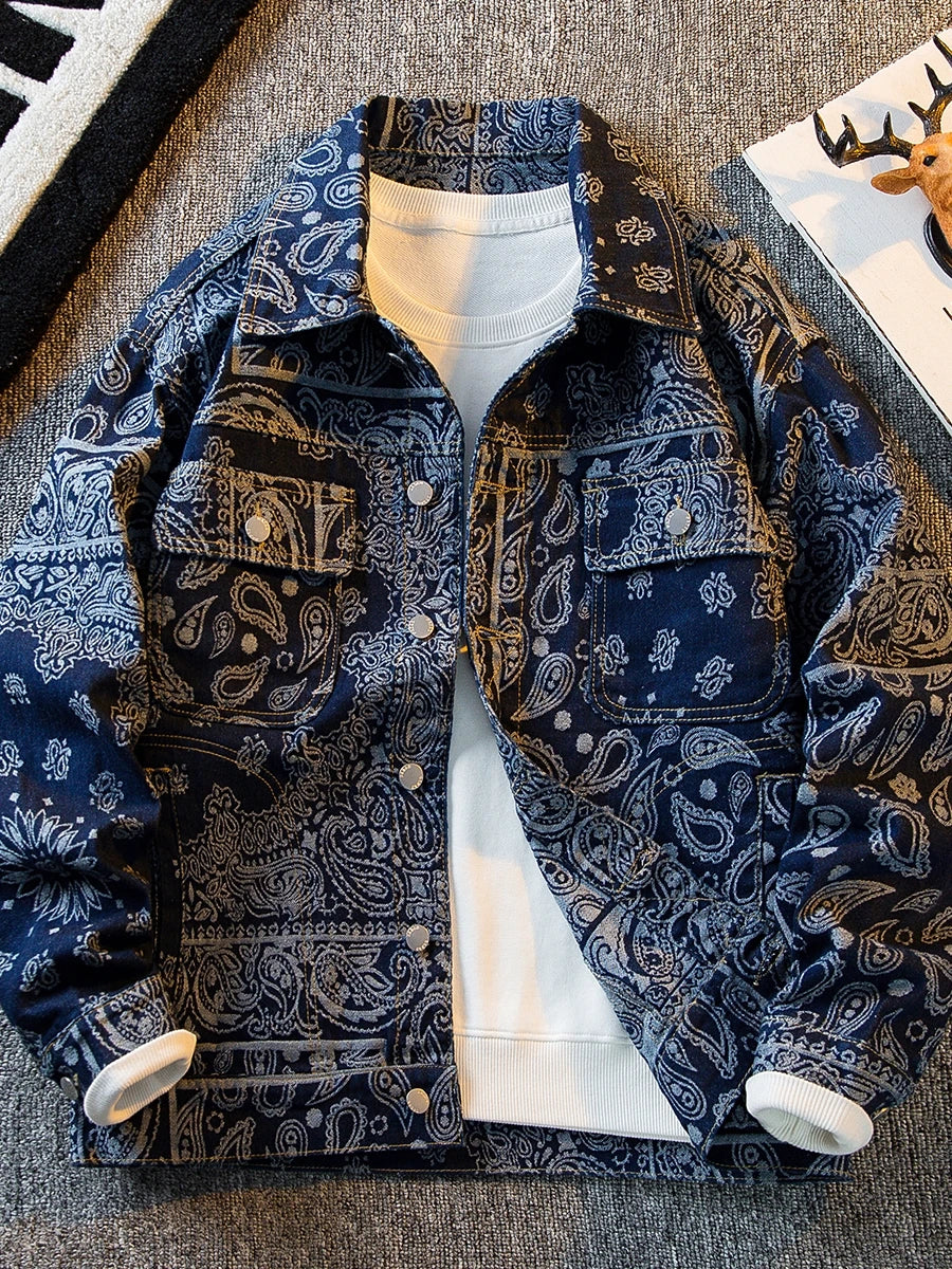 Spring Autumn Ethnic Style Denim Jacket Men's Niche Retro Loose Casual High Street Personalized Jackets Men Tops Male Clothes
