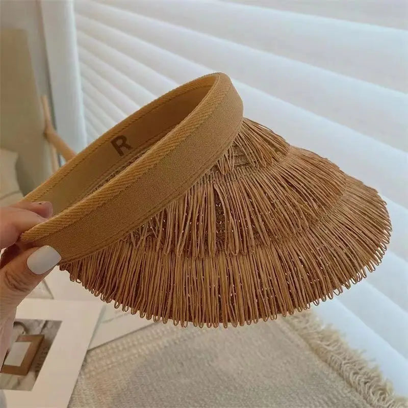 2025 New summer empty top women's straw braid fringe sunhat is a sunhat with sunblock UV beach holiday