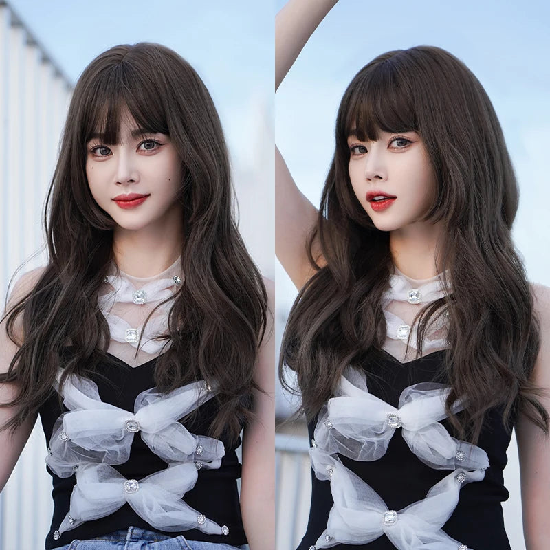 7JHH WIGS Body Wavy Wig Long Loose Curly Brown Wig for Women Daily Use High Density Synthetic Layered Hair Wigs with Bangs