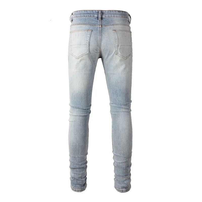 Men Leather Patches Denim Jeans Streetwear Holes Ripped High Stretch Pants Light Blue Skinny Tapered Trousers