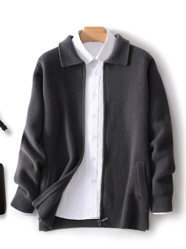 New 100% Pure Wool Knitwear Cardigan Sweater Men's Lapel Zipper Thick Jacket Shirt Collar Smart Casual Knitted Long Sleeve Tops