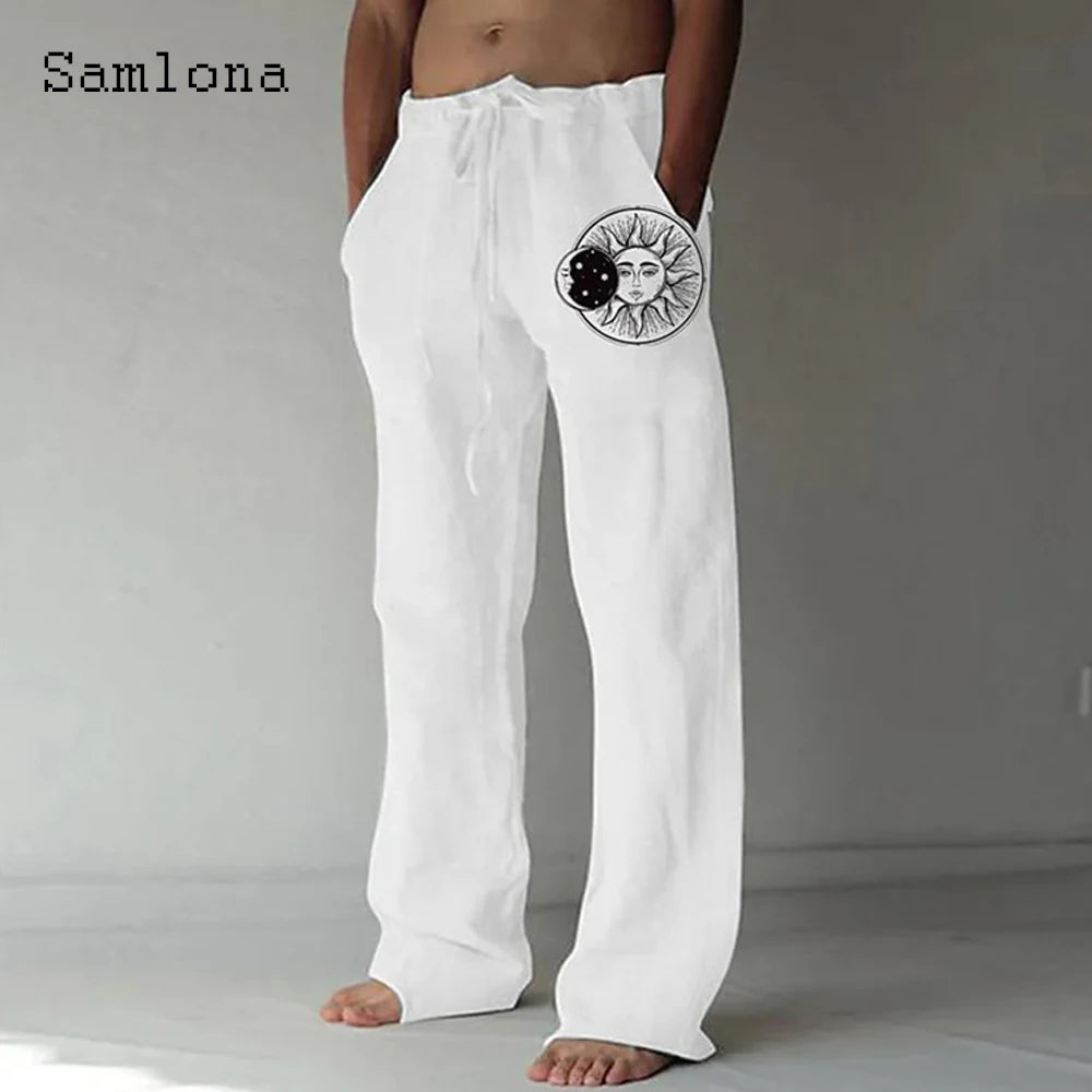 Samlona 2025 Men's Pocket Design Linen Pants Drawstring Loose Trouser Plus Size 3xl Mens Fashion Birds Feather Print Sweatpants