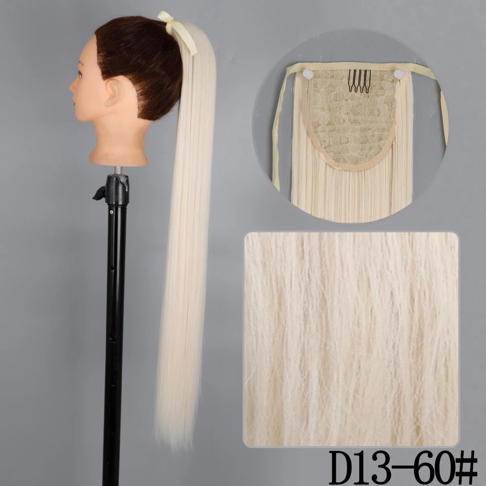LISI GIRL Synthetic 34" 22" Long Straight Ribbon Fake Ponytails Clip on Hair Tail Extensions Black Hair Pieces With Hairpins