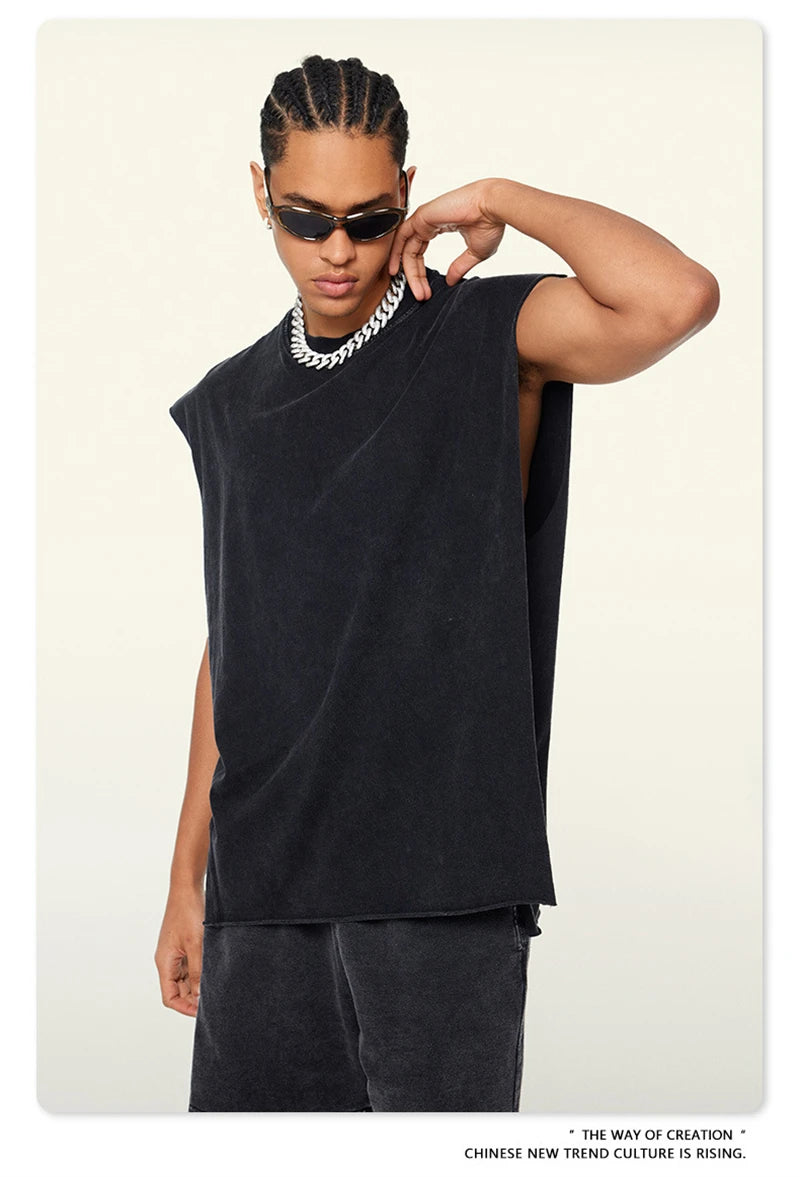 ZODF Vintage 2024 Washed 270gsm Cotton Tank Tops For Men Unisex Summer Relax Fit Slit Sleeveless Vest Streetwears HY0777
