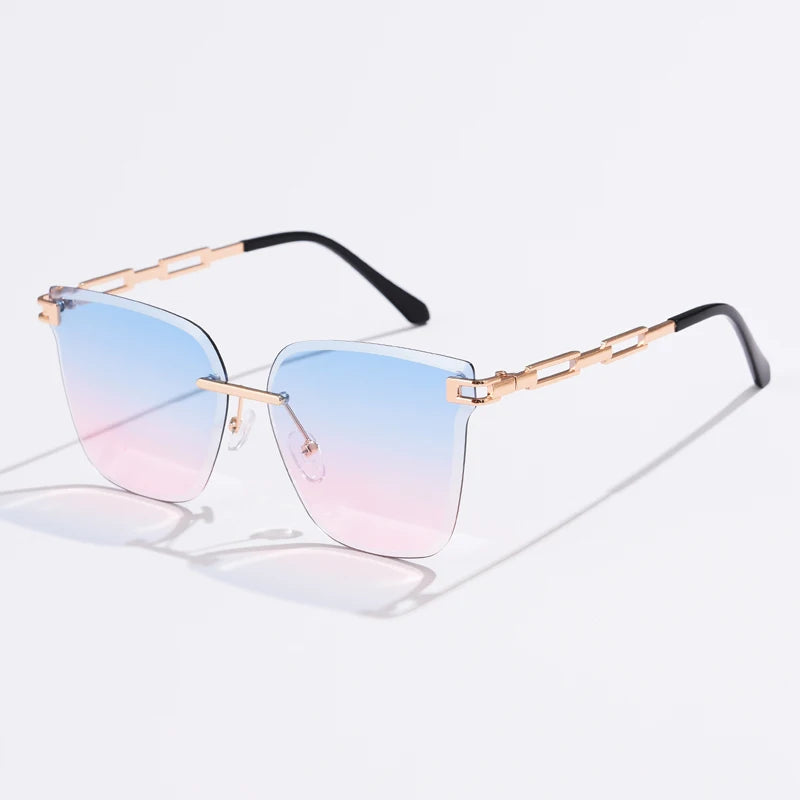 New Sunglasses Women Rimless Cat Eye Eyewear Gradient Brown Cutting Lens Sun Glasses For Female Alloy Eyeglasses Brand Designer