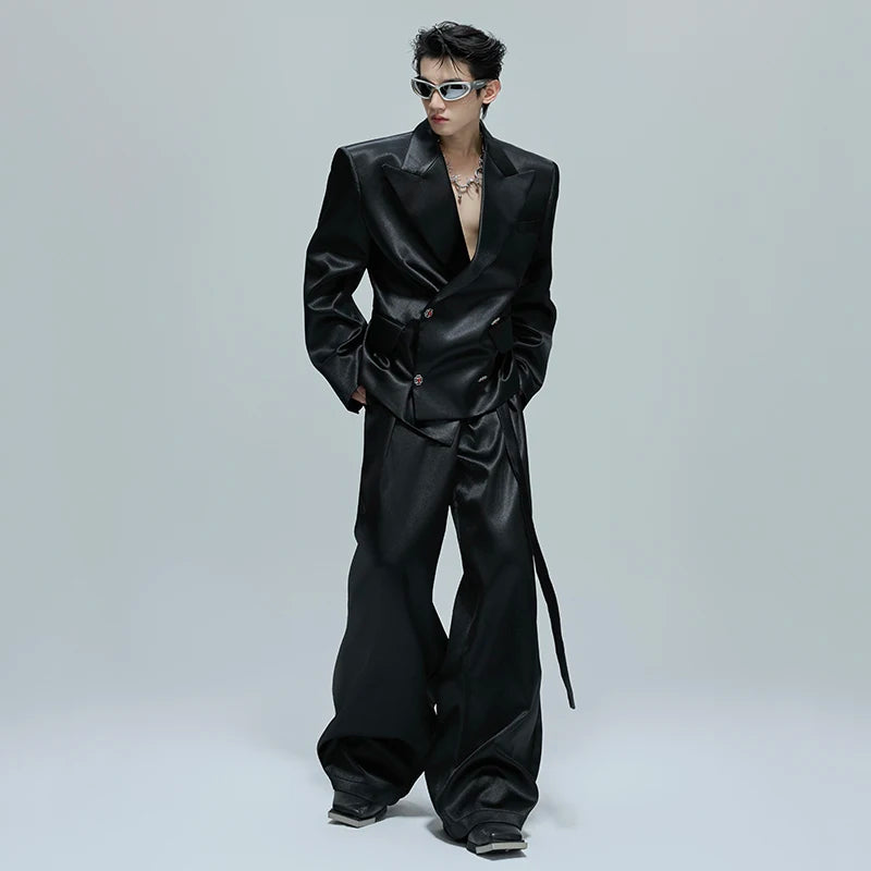 FEWQ Niche Design Men's Suit Sets Lapel Double Breatsed Silhouette Glossy Blazers Wide Leg Belt Chc Button Male Trousers 24K6098