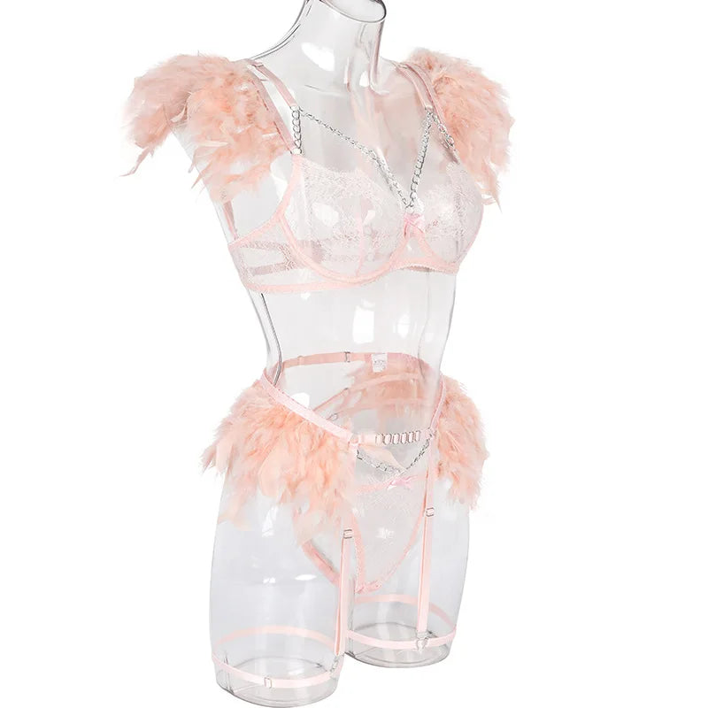 Feathers Transparent Bra Lingerie Set Sexy Underwear Women Body Chain Lace Exotic Set Luxury Intimate See Through Bra and Panty