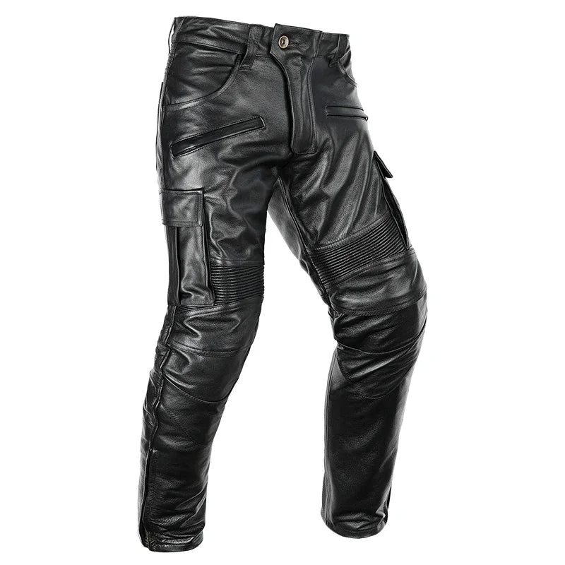 Men's Autumn Winter Punk Slim Casual Long Trousers Retro Leather Motorcycle Street Pants Windproof Warm Cowhide Pencil Pant Male