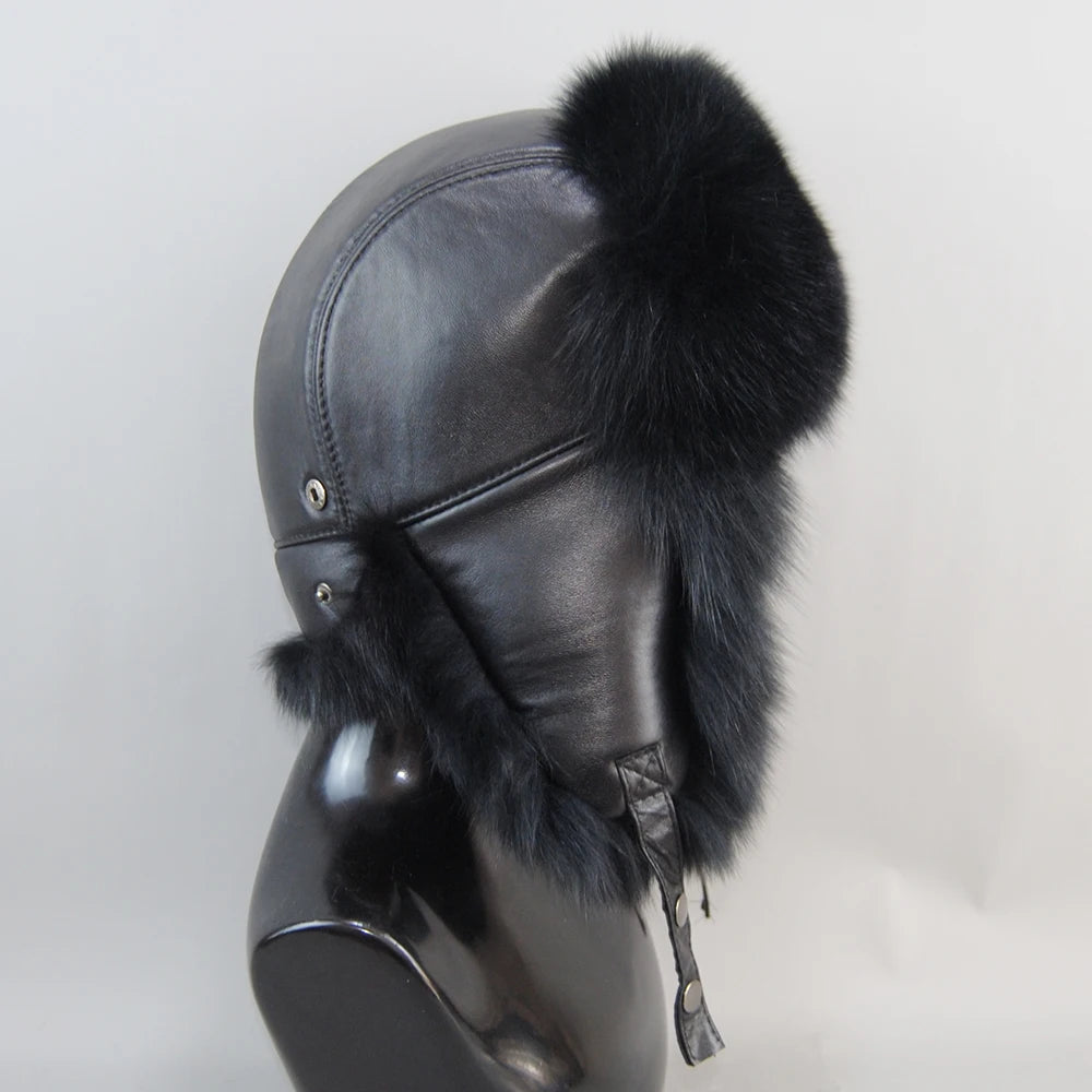 2026 Unisex Outdoor Windproof Winter Natural Real Fox Fur Bombers Hats Women Raccoon Fur Cap Luxury Real Sheepskin Leather Hat