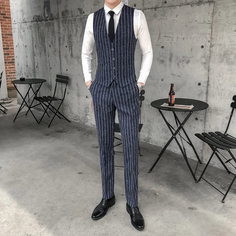2025 New Burgundy Navy Plaid Casual Suit Pants for Men, Beige/Blue Vertical Stripe Non-Iron Slim Small Leg Work Trousers Men