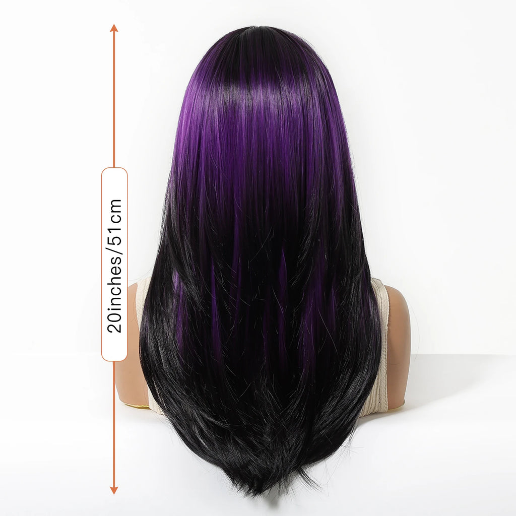 EASIHAIR Purple Synthetic Wigs for Women Long Straight Layered Hair Wigs With Side Bangs Ombre Purple Black Wigs Heat Resistant