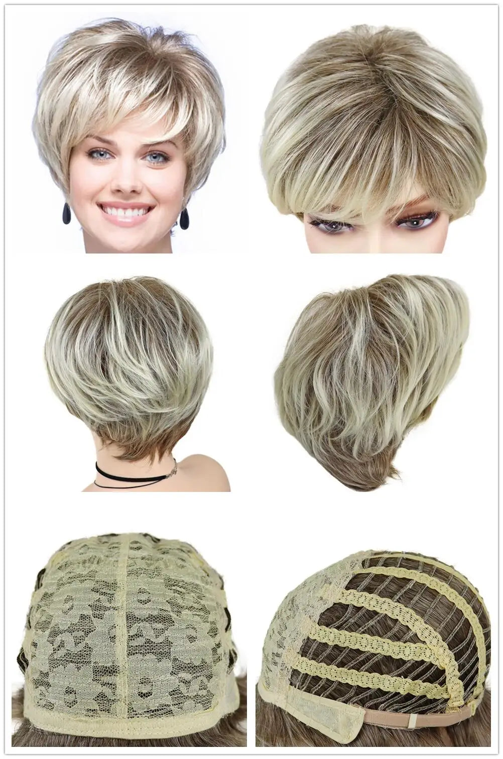 Old Lady Synthetic Hair Blonde Wig with Bangs Natural Short Wig for White Woman High Temperature Blond Ombre Mommy Wig for Daily