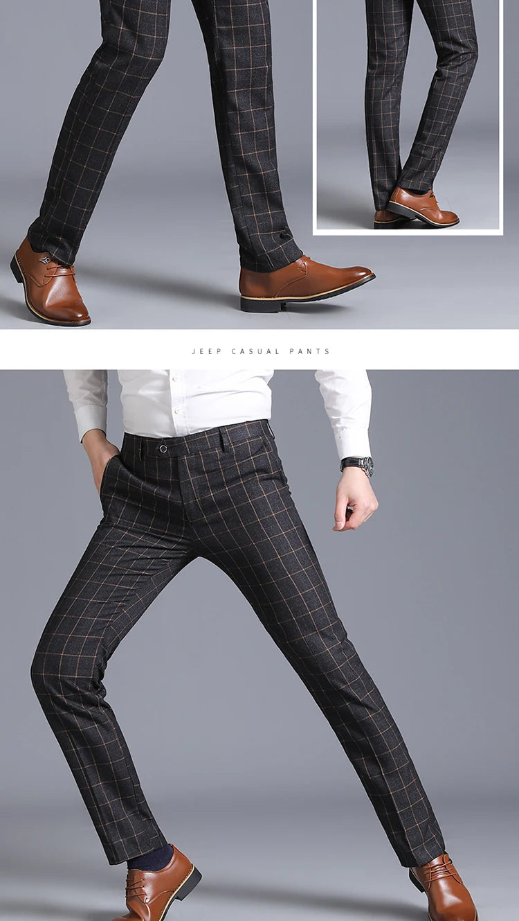 2025 New Burgundy Navy Plaid Casual Suit Pants for Men, Beige/Blue Vertical Stripe Non-Iron Slim Small Leg Work Trousers Men