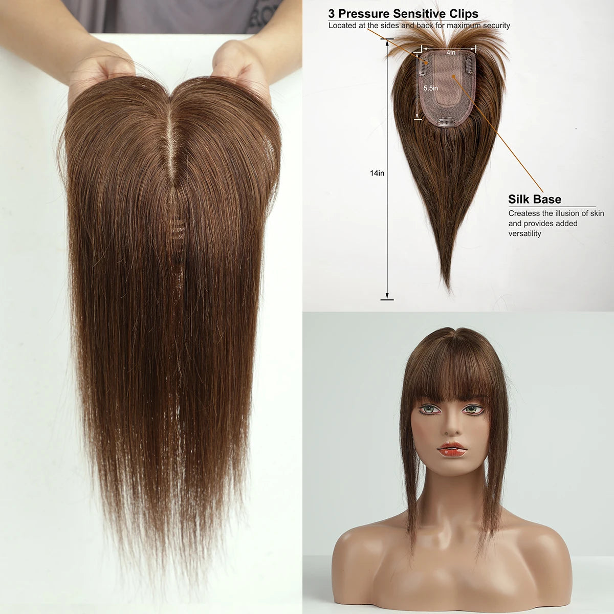14 Inch Brown Silk Base Remy 100%Human Hair Toppers Clip-In Top Hairpiece for Women Natural Straight Hair Extensions