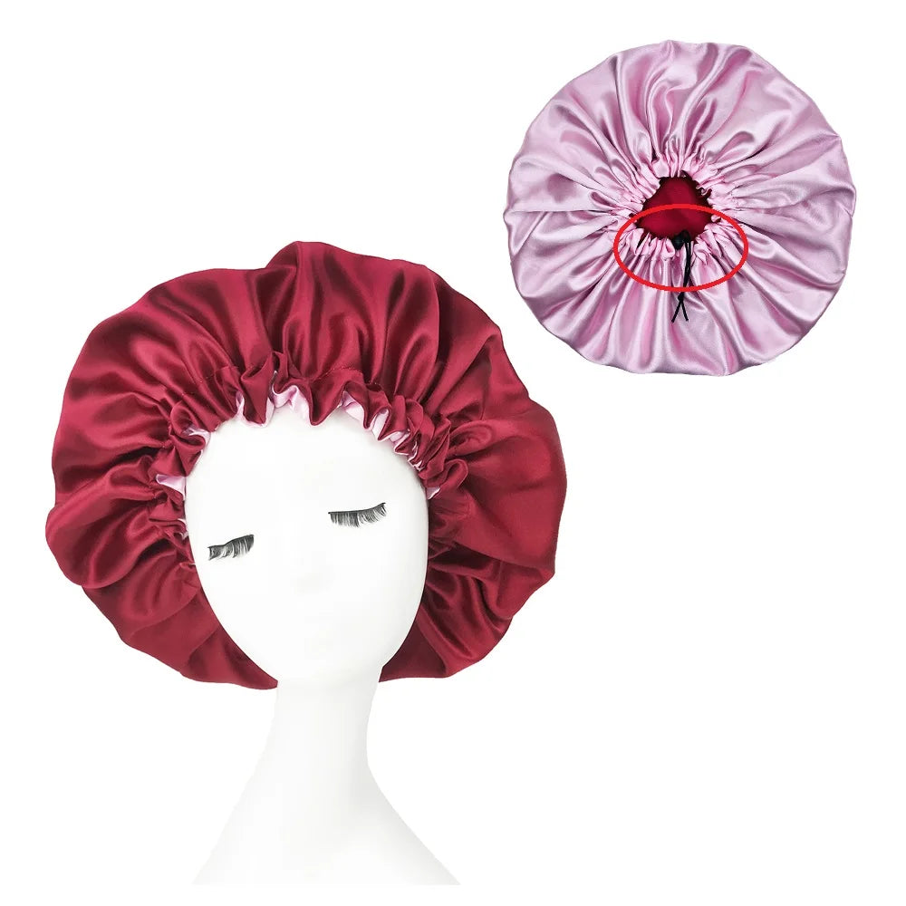 New Solid Women Satin Bonnet Fashion Stain Silky Big Bonnet for Lady Sleep Cap Headwrap Hat Hair Wrap Accessories Wholesale