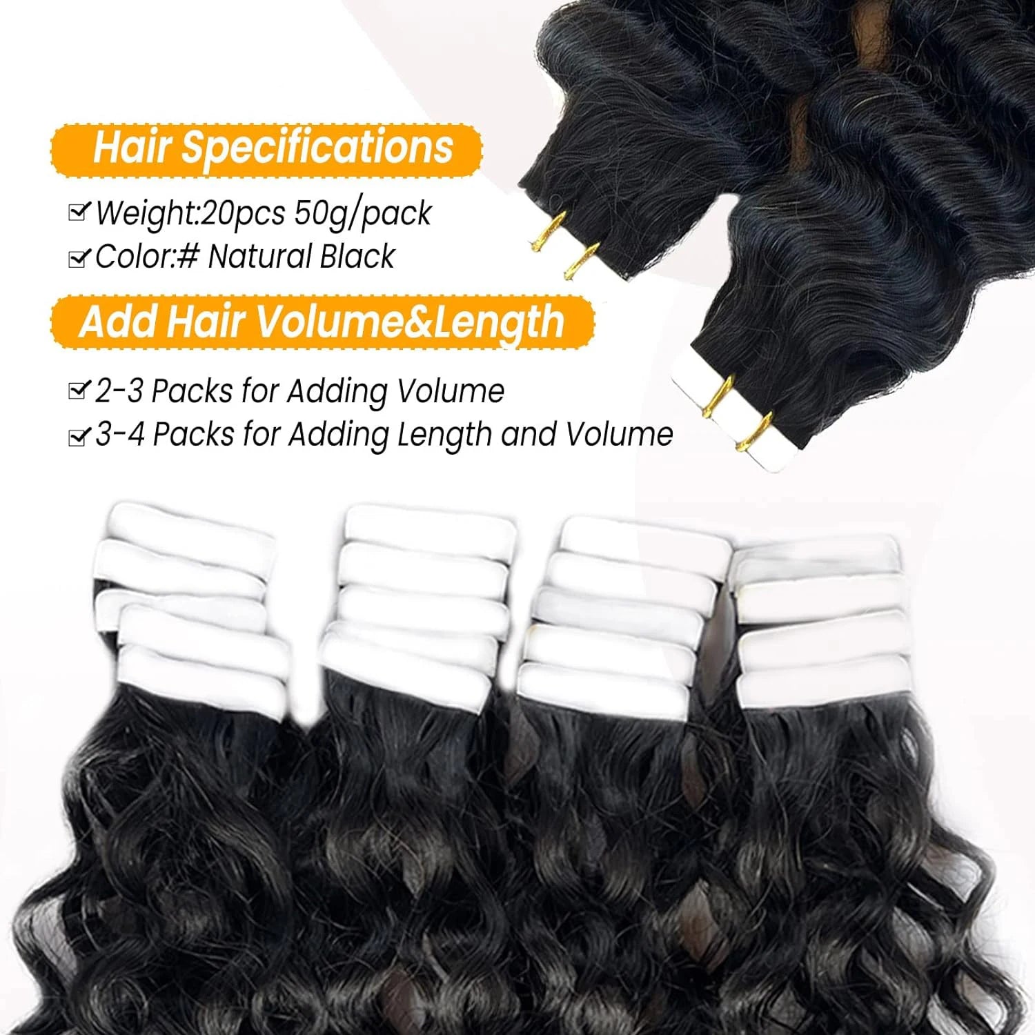 Curly Tape in Hair Extensions Deep Wave Tape in Hair Extensions 100% Human Hair Full Head Skin Adhesive Natural Black 24 26 Inch