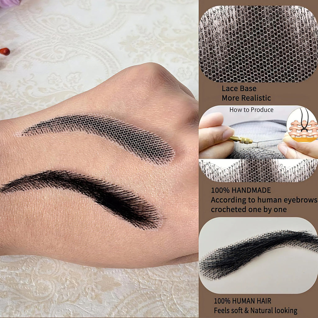 6 New Styles Invisible Natural Black Fake Eyebrows For Adult Males and Females 100% Human Hair Handtied Lace Base Natural Growth