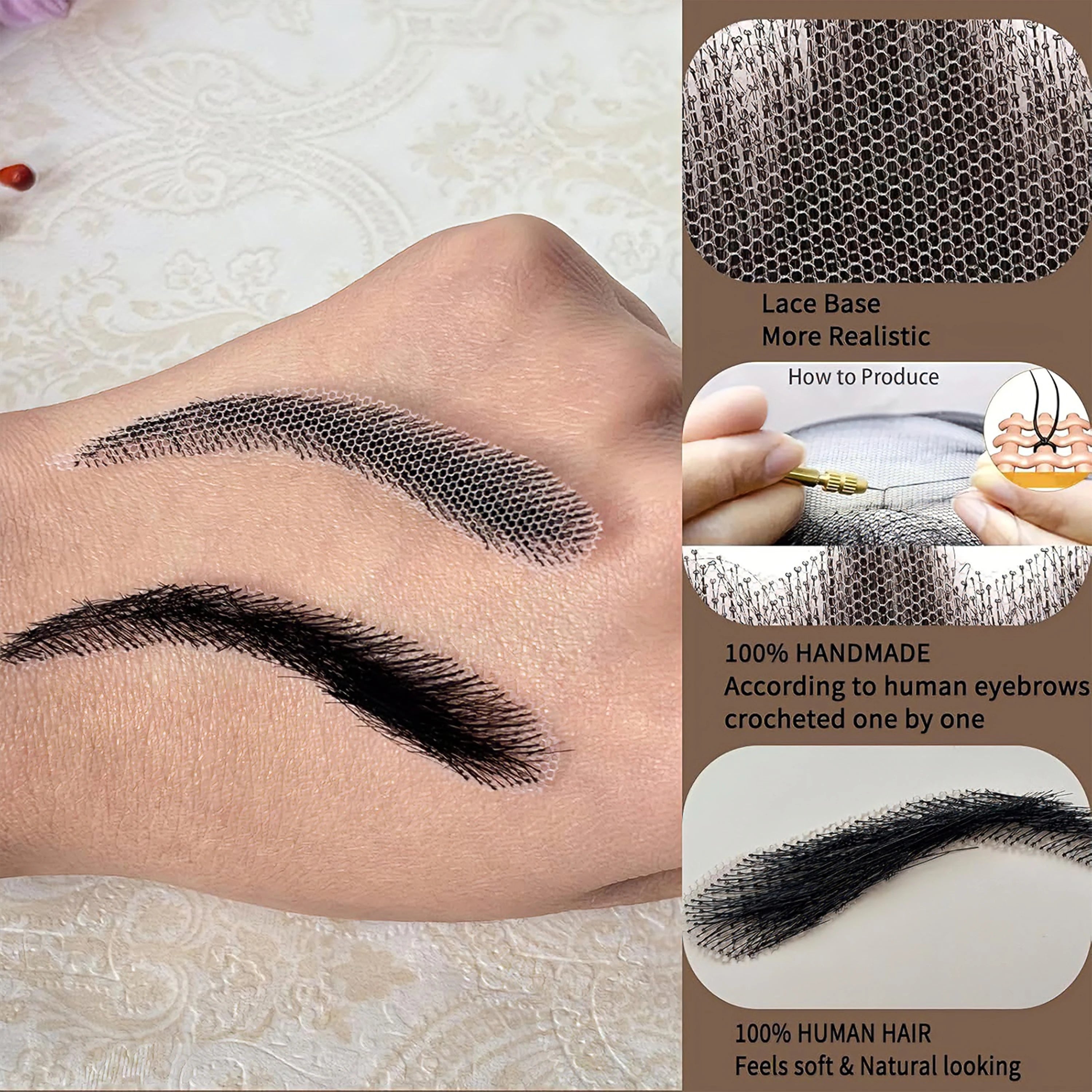 6 New Styles Invisible Natural Black Fake Eyebrows For Adult Males and Females 100% Human Hair Handtied Lace Base Natural Growth