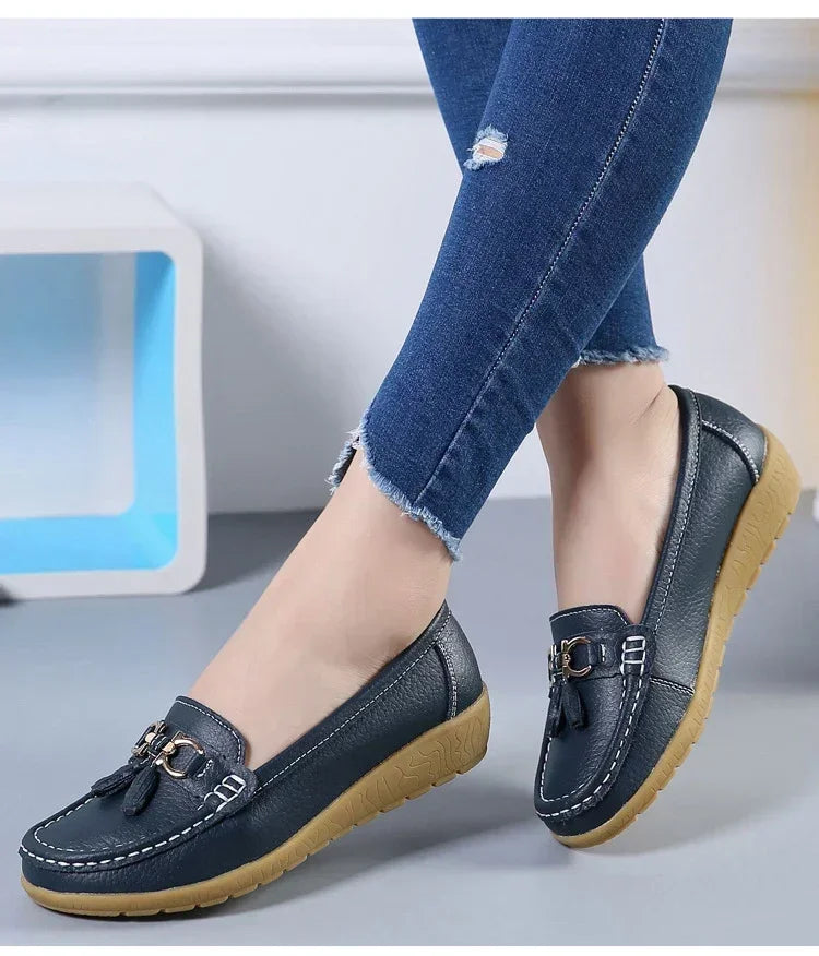 Spring Summer Breathable Casual Loafers For Women Platform Leather Comfort Wedge Moccasins Ladies Vulcanized Sneakers 44