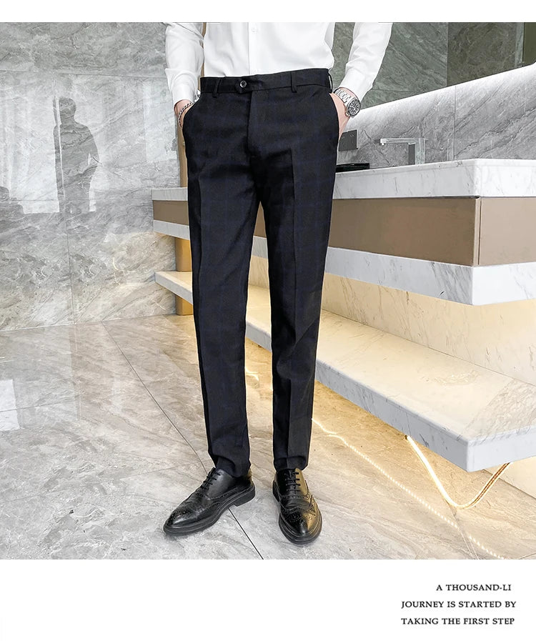 2025 New Burgundy Navy Plaid Casual Suit Pants for Men, Beige/Blue Vertical Stripe Non-Iron Slim Small Leg Work Trousers Men