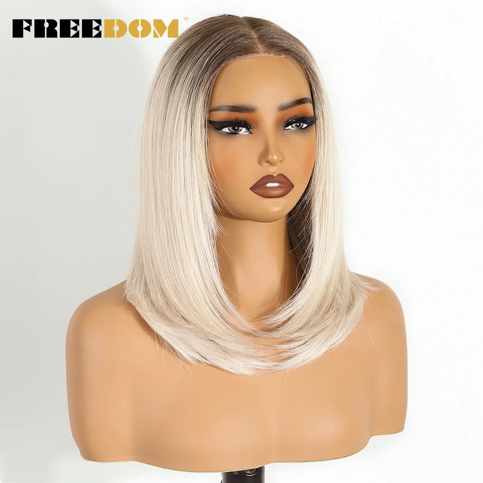 FREEDOM Layered Straight Synthetic Lace Front Wigs For Women Short Bob 6x4 Wear And Go Glueless Wig Ombre Brown Pre Plucked Wigs