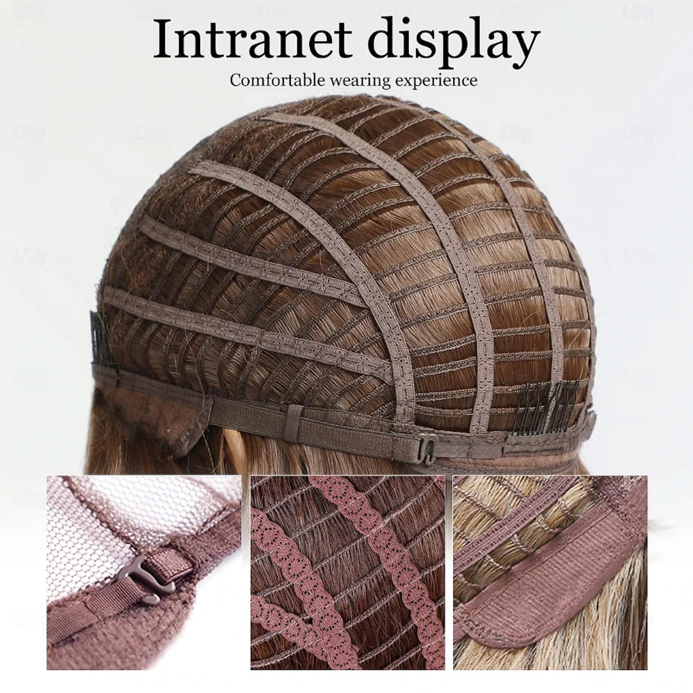 HAIRJOY  Synthetic Hair Brown Bob Wig Short Hair Wigs for Women Highlight Mixed Blonde Heat Resistant Fibre Synthetic Wig