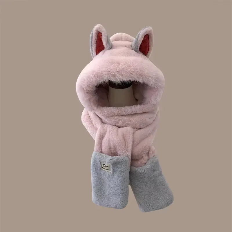 Winter new outdoor fox warm ear protection scarf, furry and fashionable one-piece plush hat