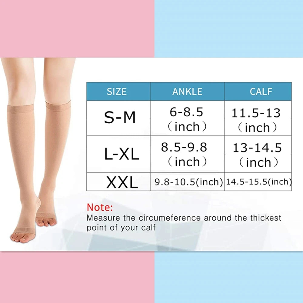Compression Socks S-XXL Medical Edema Pregnant Varicocele Open Toe Socks Men Women Solid Color Knee Length Elastic Tight Socks