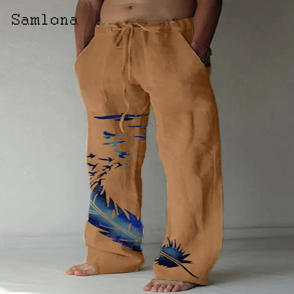 Samlona 2025 Men's Pocket Design Linen Pants Drawstring Loose Trouser Plus Size 3xl Mens Fashion Birds Feather Print Sweatpants