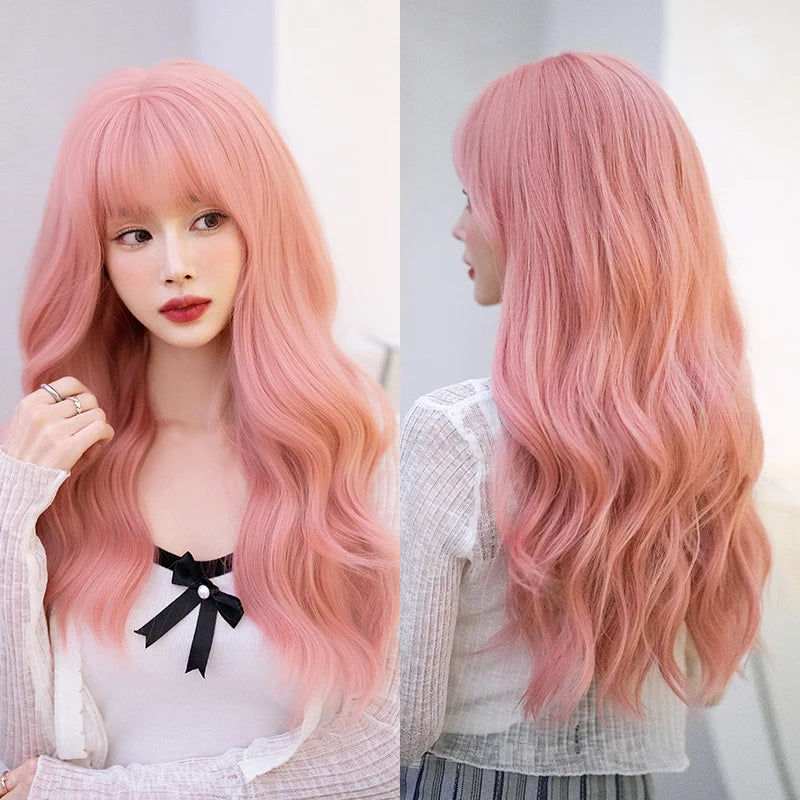 7JHH WIGS Body Wavy Wig Long Loose Curly Brown Wig for Women Daily Use High Density Synthetic Layered Hair Wigs with Bangs