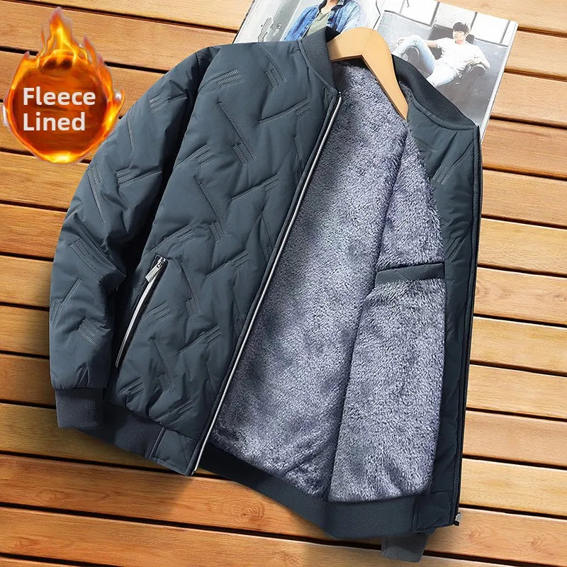 Men's Winter Jacket Stand Collar Fleece Lined Cotton Casual Fashion Warm Loose Short Style Youth Popular Polyester Fabric