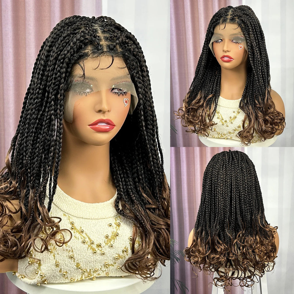 Ombre Synthetic Lace Front Square Knotless Box Braided Wig with Wavy Ends Lace Frontal Braids Wig with Baby Hair for Black Women