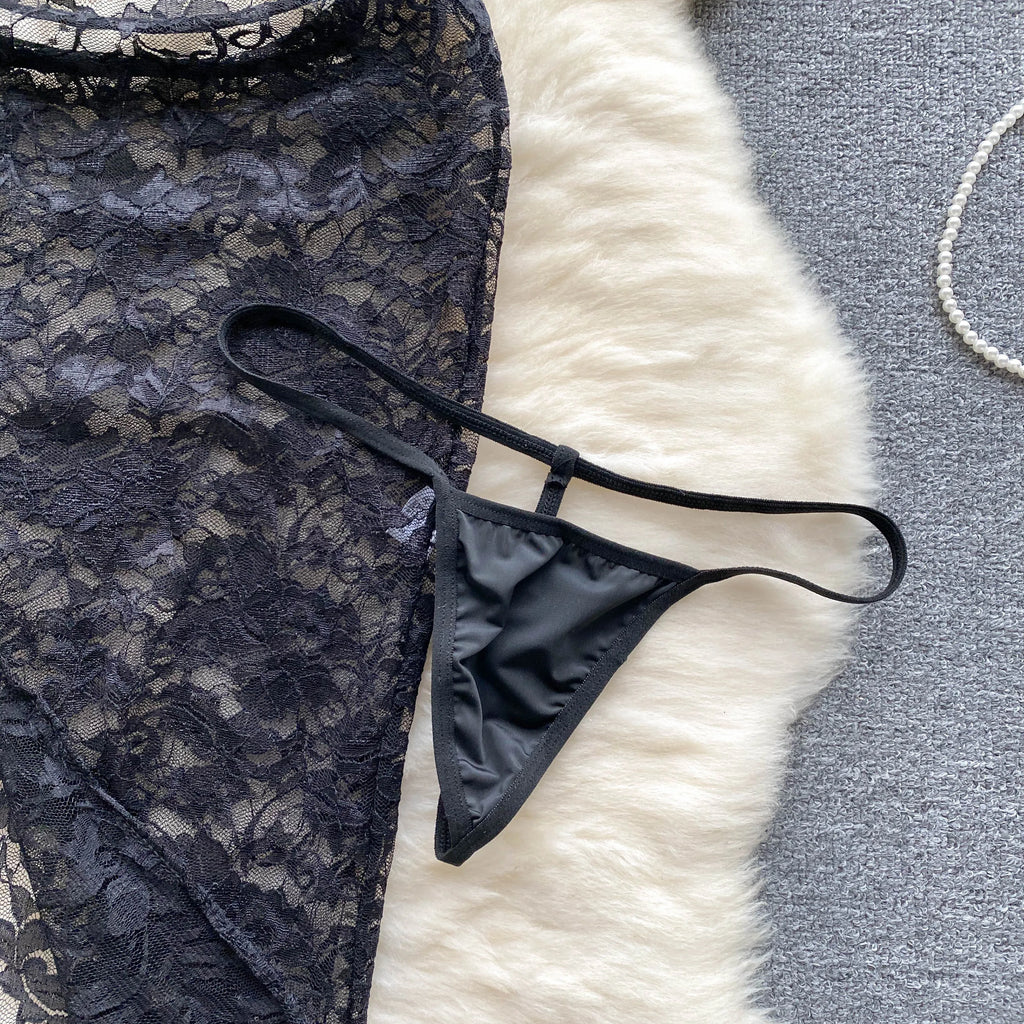 SINGREINY Summer France Sensual Night Dress Erotic Hollow Out Camis Lingerie Nightwear Women Split Slim Sheer Lace Pajamas Dress