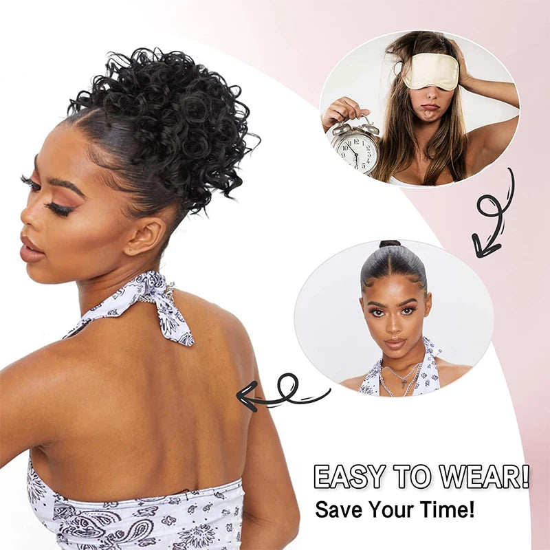 Brown Curly Hair Bun Curly Wave Drawstring Ponytail Buns Extensions for Women Heat Resistant Synthetic Updo Chignon False Hair