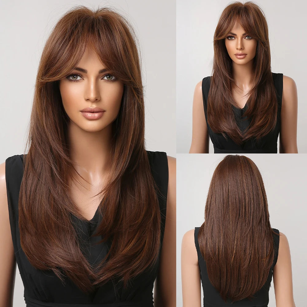 ALAN EATON Long Straight Layered Synthetic Wigs with Bangs Blonde Highlights on Brown Wigs for Black Women Afro Daily Party Hair